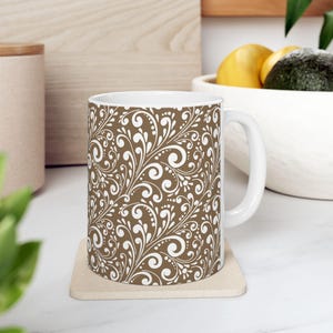 Floral Ceramic Mug, White Flowers on Brown Background, Coffee Cup, Tea Mug, Flower Design Kitchen Decor, Gift for Gardeners, Gift for her