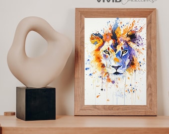 Vibrant Watercolor Lion Portrait - Abstract Animal Art Printable Wall Decor