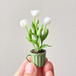 Puede incluir: Una planta en maceta en miniatura con tres flores de tulipán blancas y dos capullos verdes cerrados. Los tulipanes tienen hojas verdes largas y lisas, plantados en una pequeña taza de plástico color verde salvia con costillas verticales y tierra marrón.