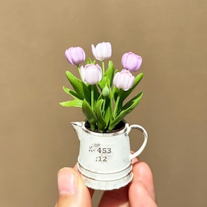 Purple Tulip, Vintage Watering‑Can Pot Exquisite Miniature Dollhouse Green Plant, 1:12 Scale Handmade Clay Art Decor For Dollhouse Scene