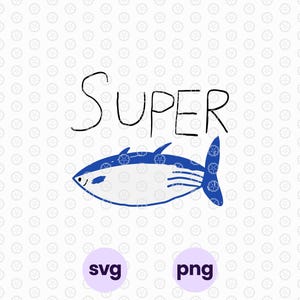Könnte beinhalten: Eine Illustration eines blau-weißen Fisches mit dem Wort "SUPER" in schwarzer Handschrift darüber. Der Fisch hat ein stilisiertes Design mit blauen Akzenten. Darunter zwei lila Kreise mit den Wörtern "svg" und "png".
