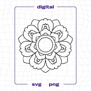 May include: A black and white digital design of a floral mandala. The design is centered and symmetrical, with multiple layers of petal-like shapes radiating outwards. The words "digital", "svg", and "png" are included in the image.
