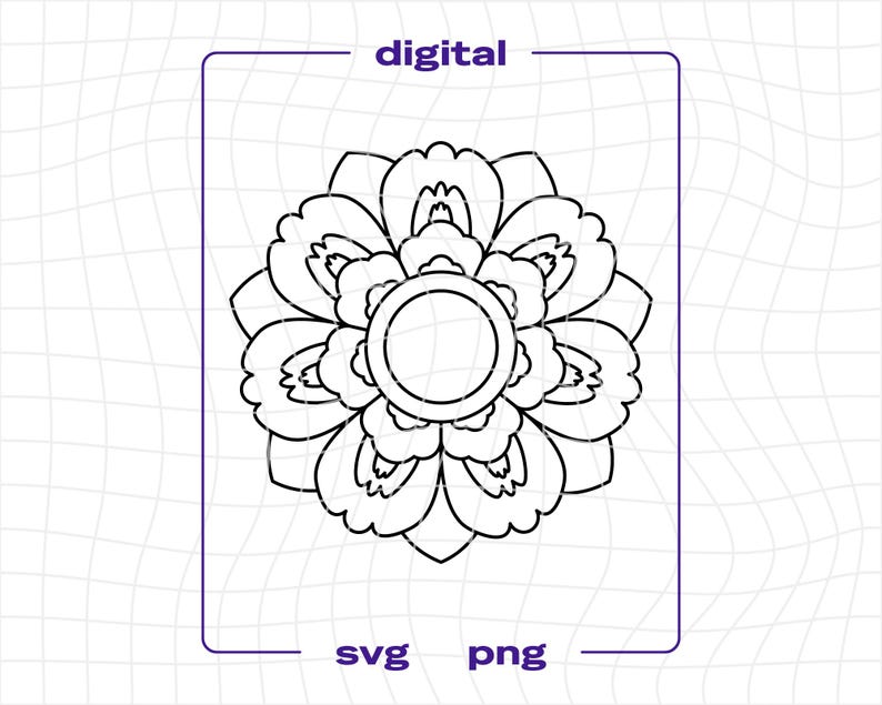 May include: A black and white digital design of a floral mandala. The design is centered and symmetrical, with multiple layers of petal-like shapes radiating outwards. The words "digital", "svg", and "png" are included in the image.