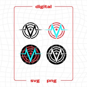 May include: Four digital graphic designs featuring a stylized 'M' within a circular radar-like pattern. Two designs are black and white, and two have red and teal accents. The text 'digital', 'svg', and 'png' are also present.