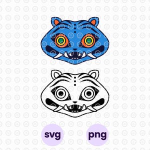 May include: Two stylized tiger head designs. The top one is blue with orange and yellow details, and the bottom one is a black and white outline. The image includes "svg" and "png" text in a purple circle.