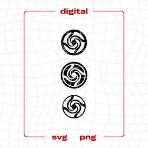 May include: Three black and white spiral design elements in a circular shape. The word "digital" is at the top, and "svg" and "png" are at the bottom, all within a red rectangular border. The background is a white grid.