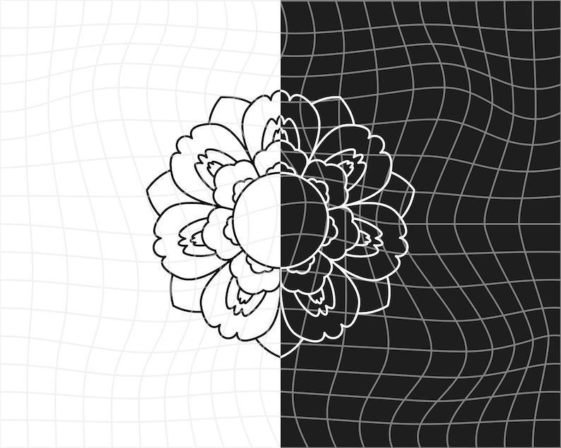May include: A black and white graphic of a flower, split vertically. The left side is white with a grid pattern, and the right side is black with a similar grid. The flower is outlined in white.