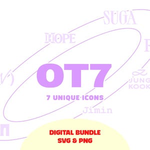 May include: A digital bundle graphic with the text "OT7" in lavender, surrounded by the names of band members. The words "7 Unique Icons" are below the main text, with "Digital Bundle SVG & PNG" at the bottom.