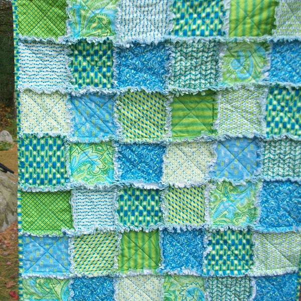 Baby Rag Quilt in Lime, Turquoise, Aqua and White 26" X 30"