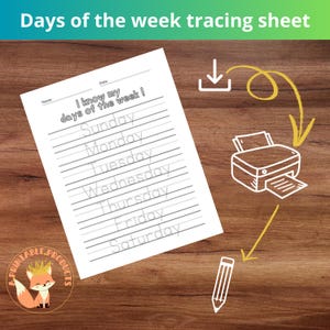 Peut inclure: Une feuille de traçage imprimable pour les enfants afin de s'entraîner à écrire les jours de la semaine. La feuille comporte un titre qui dit "Days of the week tracing sheet" et une section pour le nom de l'enfant et la date. La feuille comprend les jours de la semaine, du dimanche au samedi, avec des lignes pour que l'enfant puisse tracer les lettres.