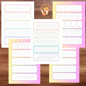 Peut inclure: Feuilles de travail éducatives imprimables avec des exercices de traçage. Les feuilles présentent des lignes pointillées formant des formes telles que des vagues, des zigzags et des boucles, ainsi que des formes comme des cercles, des étoiles et des coeurs. Les pages ont une bordure dégradée colorée.