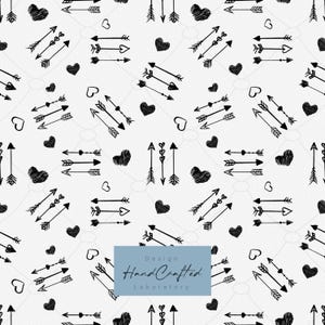 May include: A repeating pattern of black arrows and hearts on a white background. The arrows are of various styles, some with multiple arrowheads. The hearts are sketched. A blue rectangle with the text "Design Hand Crafted Laboratory" is in the center.