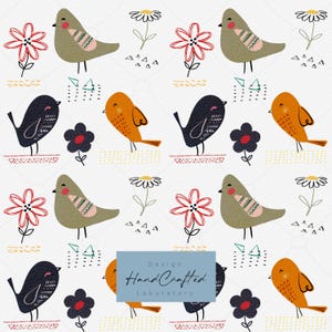 Mid-Century Bird Seamless Pattern | Folk Art Digital Paper (Commercial Use)