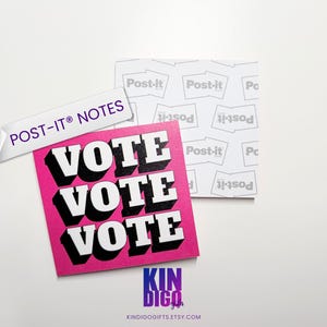 May include: A collection of Post-it Notes with the word "VOTE" in bold, white letters on a pink background. A white Post-it Note with the text "POST-IT NOTES" is also present. The background is white.