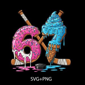 May include: A graphic illustration on a black background features the number 6 made of a pink donut with sprinkles and the number 7 made of blue ice cream on a waffle cone. Two hockey sticks cross behind the numbers, and a hockey puck sits below. The text "SVG+PNG" is at the bottom.