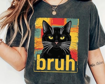 Funny Black Cat 'Bruh' Retro Design, T-Shirt PNG (Instant Download)