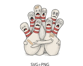 Cartoon Scared Bowling Pins SVG PNG, Funny Bowler Design (Digital Download)