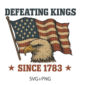 Puede incluir: Un diseño gráfico patriótico con una bandera estadounidense y la cabeza de un águila. El texto "Defeating Kings Since 1783" está presente. El diseño utiliza tonos marrones, azules y rojos, con estrellas. Ideal para temas patrióticos.