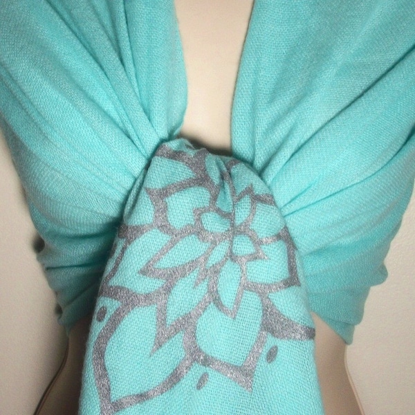 Unique Elegant Tiffany blue, Pale Turquoise Silkscreen printed Silk Pashmina Shawl, Wrap, bridesmaid gifts, bride, wedding, favor