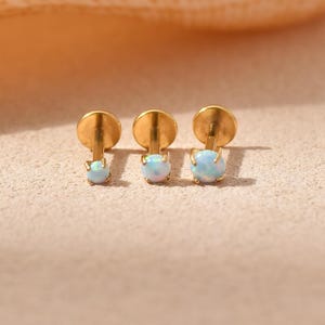 Titanium Light Blue Opal Stone Threadless Push Pin Labret, Flat Back Earring, Cartilage Tragus Helix Conch Nose Stud Nose ring 16g 18g 20g