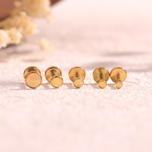 May include: Five gold-colored stud earrings with a flat, circular front and a post. The earrings are arranged in a row on a textured, light pink surface. The background includes a blurred floral arrangement.