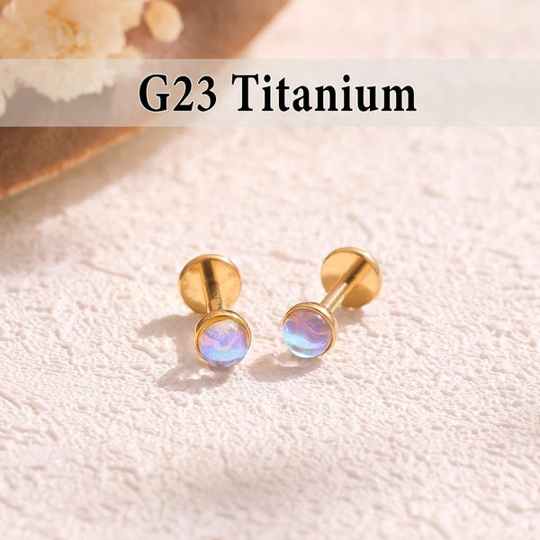 16G/18G/20G Titanium Moonstone Threadless Push Pin Labret, Cz Flat Back Earring, Cartilage Tragus Helix Stud, Conch Studs, Nose Stud