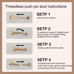 K&ouml;nnte beinhalten: Anleitung f&uuml;r einen gewindelosen Push-Pin-Stecker. Das Bild zeigt eine Schritt-f&uuml;r-Schritt-Anleitung mit vier Schritten. Die Schritte umfassen das Einsetzen des Stifts, das Biegen oder Strecken des Stifts, das Zusammendr&uuml;cken des Endes und das Entfernen des Steckers.