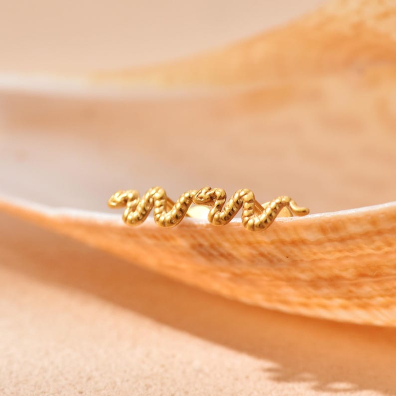 K&ouml;nnte beinhalten: Ein goldfarbener, schlangenf&ouml;rmiger Ohrring. Der Ohrring ist ein kleines, filigranes Schmuckst&uuml;ck mit strukturierter Oberfl&auml;che. Das Schlangenmuster ist gewunden und detailliert, auf einer hellbraunen Oberfl&auml;che liegend.