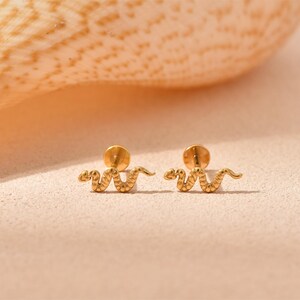 K&ouml;nnte beinhalten: Ein Paar goldfarbene Schlangen-Ohrstecker. Jeder Ohrring hat ein kleines, detailliertes Schlangendesign mit einem Steckerverschluss. Die Ohrringe werden auf einer hellen Oberfl&auml;che mit einer Muschel im Hintergrund pr&auml;sentiert.