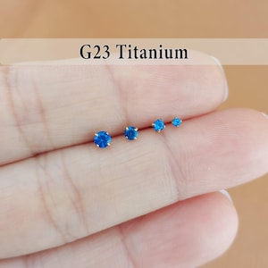Sapphire Blue stone Threadless Push Pin Labret, Titanium Flat Back Earring, Cartilage Tragus Helix Stud, Conch Studs, Nose Stud 16g 18g 20g
