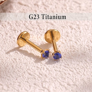 Titanium Sapphire Blue Cz Threadless Push Pin Labret, Flat Back Earring, Cartilage Tragus Helix Stud, Conch Studs, Nose Stud 16g 18g 20g