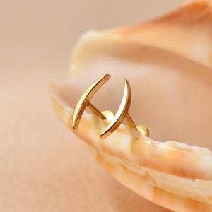 May include: A pair of gold-colored stud earrings. Each earring features a curved, crescent-shaped design. The earrings are displayed on a seashell with a warm, neutral color palette.