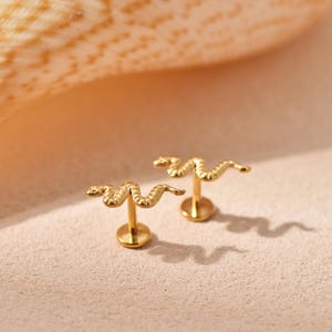 K&ouml;nnte beinhalten: Zwei goldfarbene Ohrringe in Schlangenform. Jeder Ohrring hat ein detailliertes Schlangendesign mit strukturiertem K&ouml;rper und einem Stecker zum Durchstechen. Die Ohrringe werden auf einer hellen Oberfl&auml;che mit einer Muschel im Hintergrund pr&auml;sentiert.