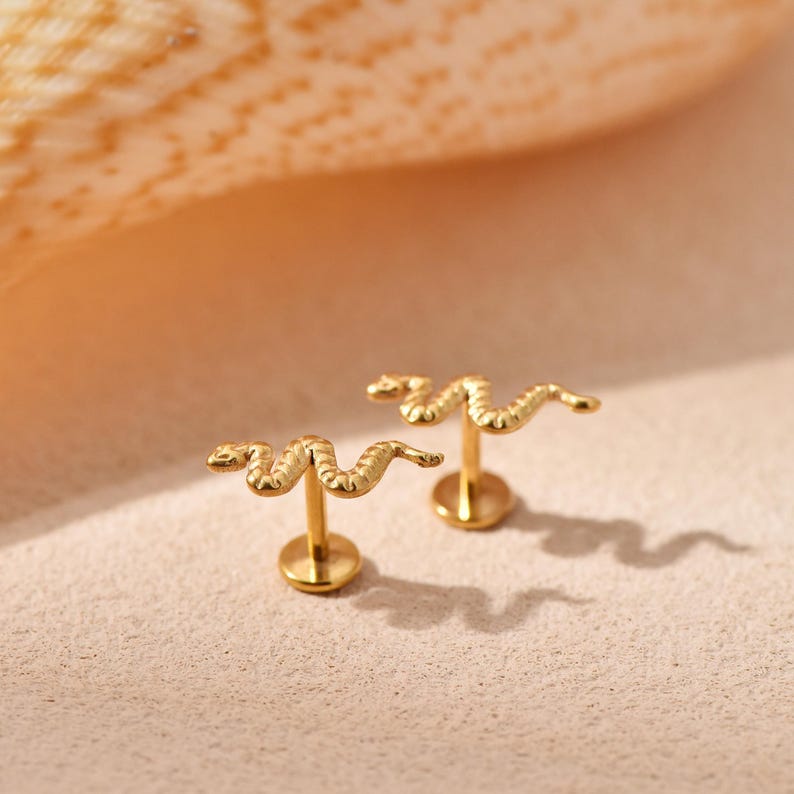 K&ouml;nnte beinhalten: Zwei goldfarbene Ohrringe in Schlangenform. Jeder Ohrring hat ein detailliertes Schlangendesign mit strukturiertem K&ouml;rper und einem Stecker zum Durchstechen. Die Ohrringe werden auf einer hellen Oberfl&auml;che mit einer Muschel im Hintergrund pr&auml;sentiert.