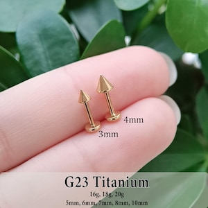 May include: Two gold-colored G23 titanium labret studs with cone-shaped ends. The studs are labeled with sizes 3mm and 4mm. Additional text specifies G23 Titanium, gauges 16g, 18g, 20g, and lengths 5mm, 6mm, 7mm, 8mm, 10mm for the jewelry.