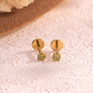 16G/18G/20G Titanium Peridot Threadless Push Pin Labret, Olive Green Cz Flat Back Earring, Cartilage Tragus Stud, Helix Nose Stud