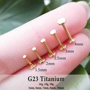 May include: Five gold-coloured G23 titanium flat back labret studs with circular tops. The sizes are labelled as 1.5mm, 2mm, 2.5mm, 3mm, and 4mm. Additional text specifies G23 Titanium, 16g, 18g, 20g, and lengths of 5mm, 6mm, 7mm, 8mm, and 10mm.