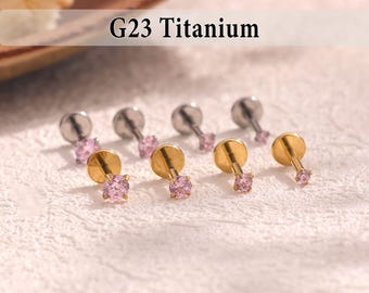 Pink CZ Titanium Threadless Push Pin Labret, Flat Back Earring, Cartilage Tragus Helix Stud, Conch Studs, Nose Stud Nose ring 16g 18g 20g