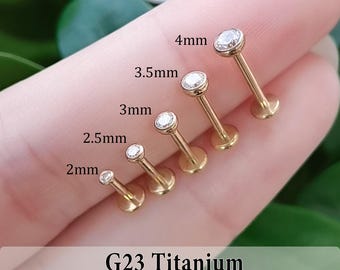 16G/18G/20G Titanium Gold Bezel Cz Threadless Push Pin Labret, Flat Back Earring, Cartilage Tragus Helix Conch Studs, Nose Stud, Small Studs