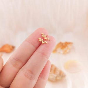 K&ouml;nnte beinhalten: Ein Paar kleine, goldfarbene Ohrringe in Schlangenform. Die Ohrringe befinden sich auf dem Finger einer Person, mit einem weichen, verschwommenen Hintergrund. Die Schlangen haben ein strukturiertes Muster und blicken in entgegengesetzte Richtungen.