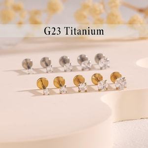 Titanium Cz Threadless Push Pin Labret, Flat Back Earring, Cartilage Tragus Helix Stud, Conch Studs, Nose Stud, Small Studs, 16g 18g 20g