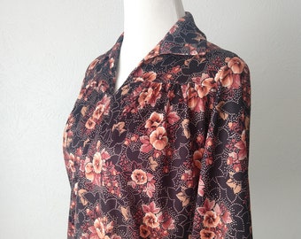 70s MAUVE hibiscus imprimé v-cou top avec 3/4 manches - 80s - floral - bordeaux - rose - pêche - blush - rose poussiéreuse - feuilles - plus taille M L