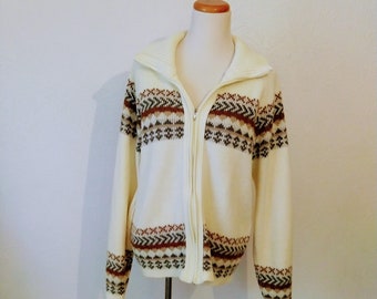 New England Vintage Winter Zip Up Cardigan Pullover - Intarsien - weiße Creme braun grau - Turtleneck - XL