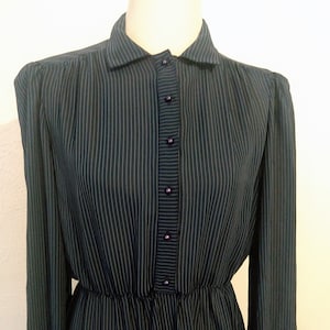 Sheer Navy Pinstripe Dress - Blue Pearly Buttons - 70s 80s - 40s style - White Stripes - Oxford Collar - Button Down - Elastic Waist - M L