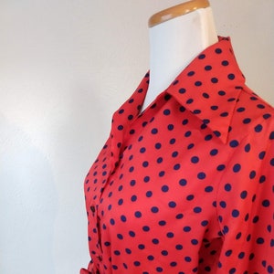 Vintage 70s bright red and navy polka dot top secretary style I love lucy costume style size L tie waist closure image 2