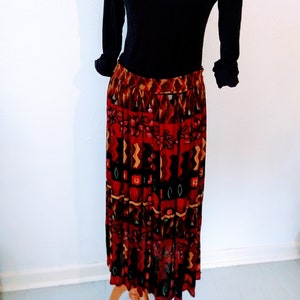 Flowy Maxi Skirt - Jewel Tones - Boho 70s Style - Made in India - Floral & Geometric Pattern - Size XL - Symphony - Rayon - Button Front