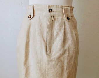 Ecru linen 90s pencil skirt with tortoise shell buttons - Made by Westbound - size 6