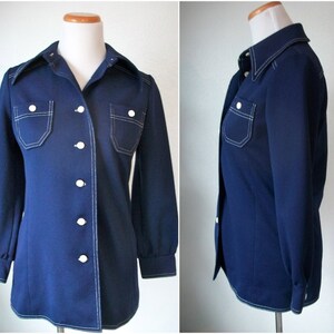 70s navy button up shirt with pointed collar and contrast stitching - Country Miss