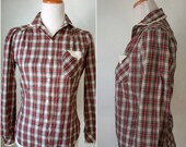 Red plaid button up shirt with peter pan collar and lace - made by Langtry