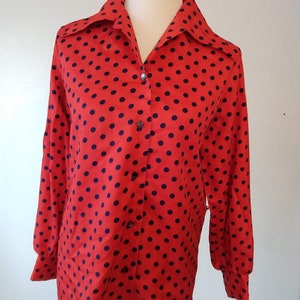 Vintage 70s bright red and navy polka dot top secretary style I love lucy costume style size L tie waist closure image 7